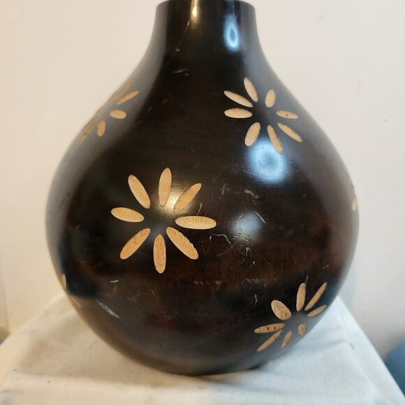 Vintage Polish Carved Wood Vase Floral Inlay Dark Brown Folk Art 8" Tall Heavy - Picture 4 of 10